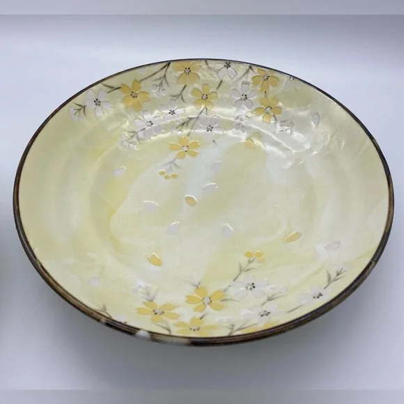 Ceramic Japanese Yellow White Cherry Blossom Soup Bowls 9in - Picture 4 of 9